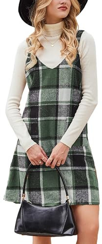 CUPSHE Damen Latzrock V Ausschnitt Taschen Karomuster A Linie Latzkleid Overallkleid Freizeitkleider Plaid Mini Dress Grün kariert M