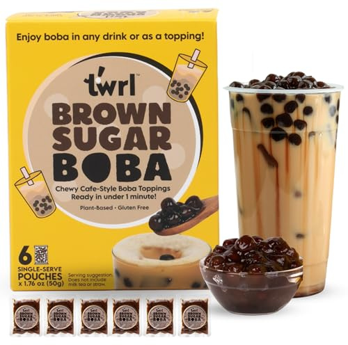 Twrl Brown Sugar Boba Pearls for Bubble Tea, 6 Single-Serve Packs | Taiwanese Boba Pearls, Café-Style Tapioca Topping for Milk Tea, Coffee, Ice Cream & Desserts; Gluten-Free & Plant-Based