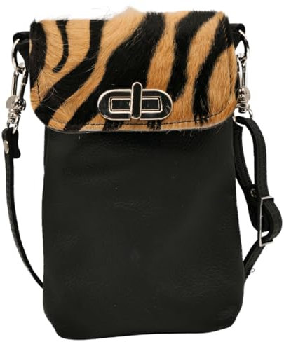 AnnaMatoni Handytasche zum Umhängen echt Leder Made in Germany, Handy Umhängetasche, Handytasche zum Umhängen, handtasche 100% Soft Nappa Leder mit echt Kuhfell umhängetasche Schwarz (Zebra Braun)
