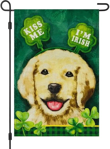 Vigor Home St. Patricks Day Kiss Me I'm Irish Dog, Jute-Gartenflagge, doppelseitig, 30,5 x 45,7 cm, Lucky Shamrock Golden Retriever Puppy 17. März Welcome Yard Outdoor Flaggen