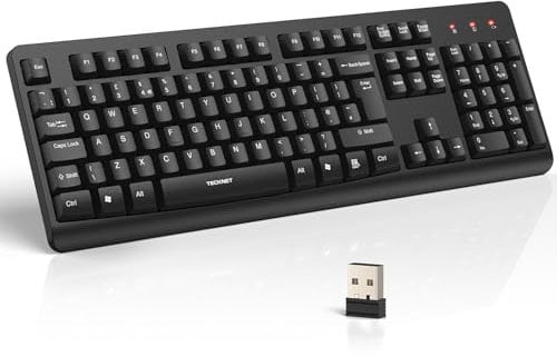 TECKNET Wireless Keyboard for Laptop, 2.4G USB Silent Computer Keyboard with Ergonomic Keys & Adjustable Feet Stand for Desktop, PC, Notebook, Surface and Windows, QWERTY UK Full Size Layout- Black