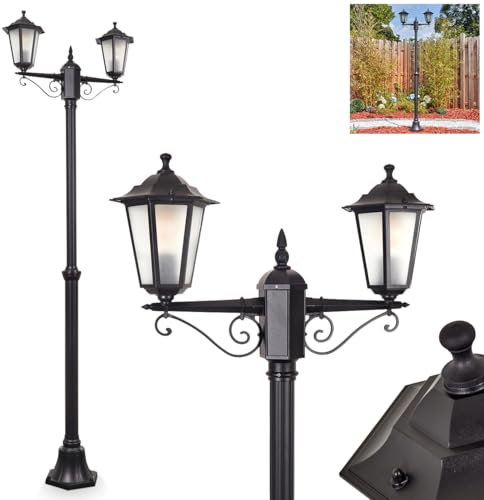 Kandelaber Loria, Außenwegeleuchte aus Metall/Glas in Schwarz/Milchglas, klare Wechselscheiben, Leuchte im Antik/Vintage-Design für Garten/Terrasse/Hof, 200 cm, 2x E27, ohne Leuchtmittel, IP44