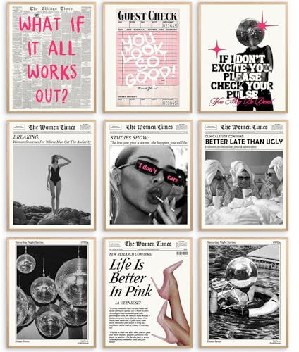 Elegend Trendige Zeitungs-Wandkunst, 9 Stück, Discokugel-Wandkunst, What If It All Works Out, Wandkunst, 70er Jahre Tequila-Druck, trendige ästhetische Bilder, Retro-Barwagen-Dekor, Disco Funky Decor