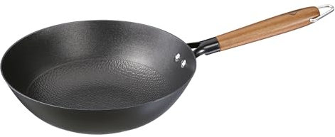 Küchenprofi Country Poêle wok en fonte émaillée avec manche en bois, revêtement anti-adhésif, 28 cm, noire, compatible avec plaques à induction, 28 cm de diamètre