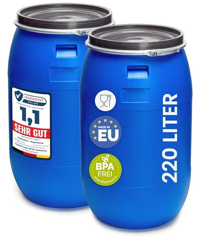 Garronda Lot de 2 réservoir d'eau de 220 L, Baril Alimentaire, fût à Large Ouverture en HDPE et sans BPA, tonneau de Jardin, bac à Aliments pour Animaux, conteneur d'eau, tonneau Universel GD-0078