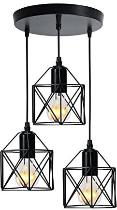 EMKE Pendelleuchte Pendellampe Hängelampe 3-flammig, Vintage Hängeleuchte Esszimmer Esstisch Lampenschirm Licht, E27 Lampe Hängend Küche Wohnzimmer Pendellampen Schwarz