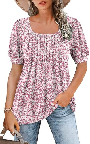 WNEEDU T Shirt Donna Collo Quadrato Magliette Donna Manica Corta a Sbuffo Estive Top Camicia Elegante Plissettata Fluide Tunica Blusa Fiore Piccolo Rosa XXL