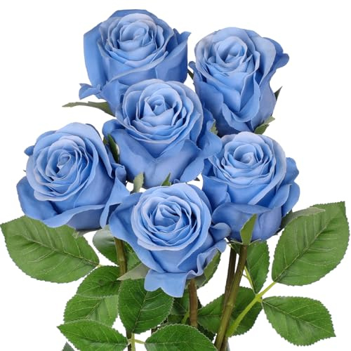 Oairse Blue Roses Artificial Flowers 6PCS 18.9 Faux Rose Silk Flowers with Long Stems Realistic Fake Rose Bouquet for DIY Wedding Arrangements Table Vase Centerpieces Home Event Decor