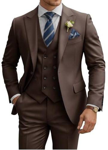 TIJOFA 3 Piece Suit Men Slim Fit Double Breasted Suit for Men Wedding Suits Classic One Button Formal Prom Dinner Tuxedo, Coffee, 6XL