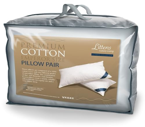 Littens 50cm x 100cm Emperor Size Ultimate Collection Premium Cotton Pair Pillows, 230TC Cotton, Dual Blend Soft Microfibre Fill. Gold Piped Edge, Long (20 x 40)