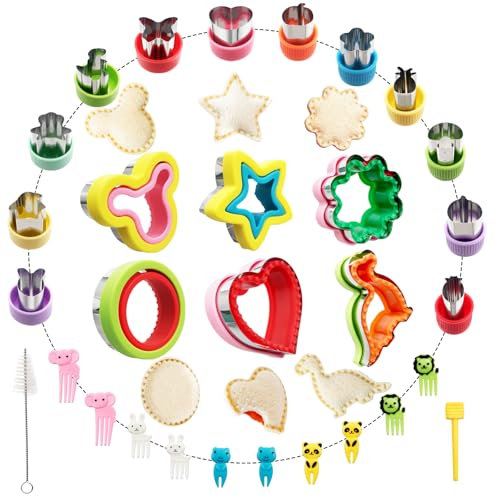 30 Stücke Lebensmittel Obstform-Ausstecher Spaß Kinder Lunch-Ausstecher und Spieße Niedlicher Sandwich-Keksausstecher Verschluss-Set Lunchable Lebensmittel Obst Gemüse Käse Formen für Schulessen