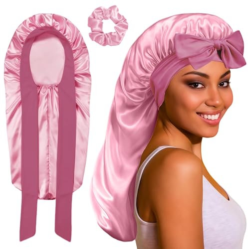 2 Pièces Bonnet long en satin pour fille,Bonnet de Nuit en Soie Réglable, Bonnet de Nuit Satin pour Long Bouclés pour Femme,Respirant et confortable Idéal pour Cheveux Longs et Bouclés (rose)