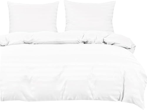 TEXTILOVE Bettwäsche 3-teilig Set 160x200 cm Weiß Gestreift aus Damast Mikrofaser Elegant Aesthetic Hotelbettwäsche 1 Bettbezug und 2 Kissenbezüge 70x80 cm Oeko-TEX 100