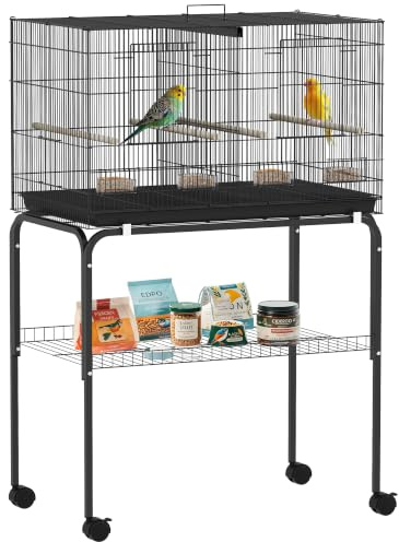PawHut Bird Cage with Divider, Wheeled Stand, 76 x 46 x 116cm Black