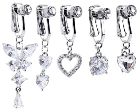 Mikovivi 5 Anneaux Nombril à Clipser, Cuivre Faux Anneaux Nombril pour Femmes Diamant Rond en Forme de Cœur et de Papillon Faux Piercings pour Femmes (Argent)