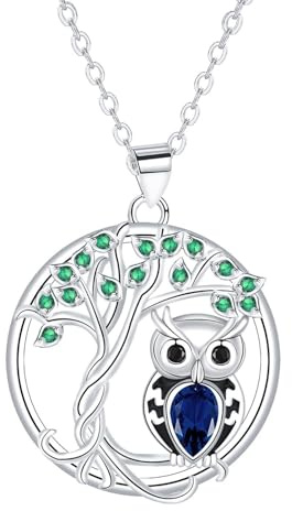 URBAN SPARKS Collier Arbre de Vie avec Hibou pour Femme, Pendentif Plaqué Argent avec Cristaux Bleus et Verts, Bijou Hibou Mignon, Cadeau Élégant pour Elle