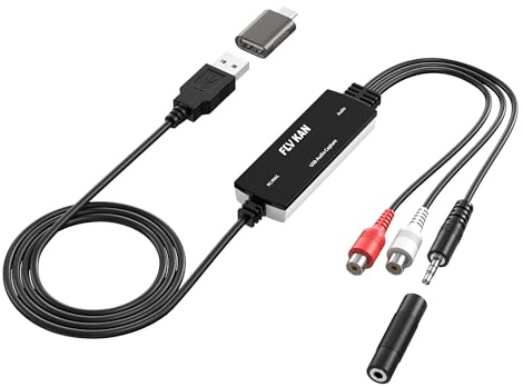 FLY KAN Tarjeta de captura de audio USB 2.0 para cintas de casete de vinilo analógicas a convertidor de mp3 digital, grabber de audio compatible con Windows 11/10/8.1/8/7 y Mac OS 10.14 (con adaptador