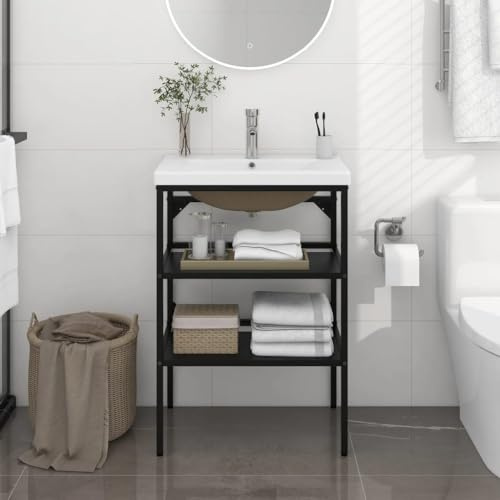 QZZCED Structure de salle de bain avec lavabo intégré fer noir, meuble de lavabo avec bac intégré et revêtement en poudre stable, design avant-gardiste moderne avec trou