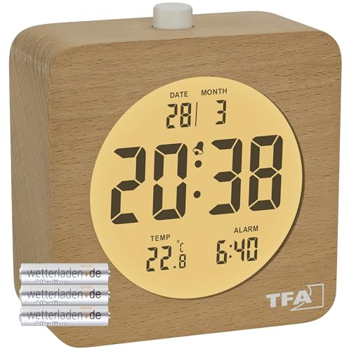 TFA Dostmann Wecker Holz digital mit Innentemperaturanzeige, 60.2049, aus Buchenholz, mit Hintergrundbeleuchtung, LCD Display, batteriebetrieben, Datumsanzeige (Braun mit Batterien)