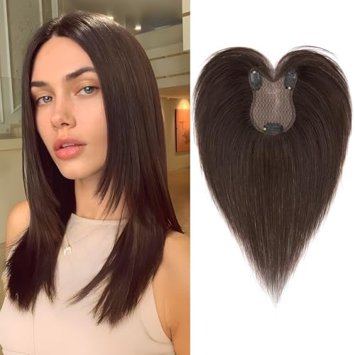 Benehair Hair Topper Echthaar 100% echtes Remy-Haar Leicht Hair Topper Clip in Extensions Natürliche für Dünner Werdendes Haar #02 Dunkel Braun Haarstücke für Frauen Topper 27 CM 21g