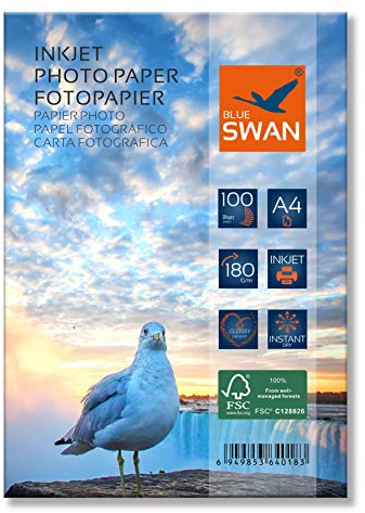 BLUE SWAN 100 Blatt A4 Fotopapier, 180g/m², Hochglänzend Weiß, schnell trocknend, wasserfest und kratzfest für Tintenstrahldrucker.