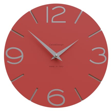 CalleaDesign - Smile Wanduhr, handgefertigt in Italien, 30 cm, elegant und leise, hohe Qualität, perfekte Geschenkidee [feuerrot und Aluminium].