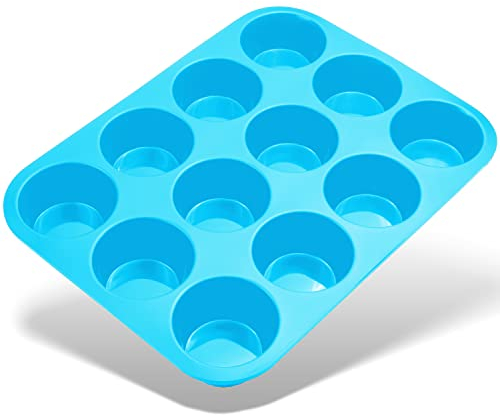 Belmalia Silikon Muffinform für 12 Muffins, Muffinblech, antihaftbeschichtet, Cupcakes, Brownies, Kuchen, Pudding Blau