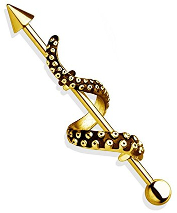 Paula & Fritz® Industrial Ohr-Piercing Stab Tentakel Chirurgenstahl 38mm Stab-länge 1.6 mm Stab-Dicke Gold Barbell Piercings Pfeil Bar