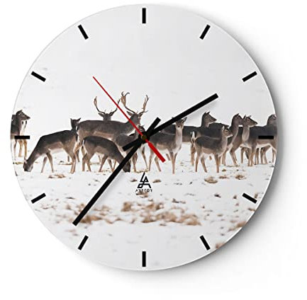 Modern Wanduhr Hirsch Winter Tierwelt Landschaft 30x30cm Rund Klein Wand Uhr Glas Analog Zimmeruhren Küche Büro Wohnzimmer Glasuhr Wall Clock Dekoration Design Wanddekoration Küchenuhr C3AR30x30-3144