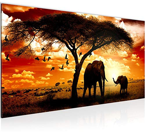 Runa Art Wandbild Afrika Sonnenuntergang 1 Teilig 100 x 40 cm Modern Bild auf Vlies Leinwand Elefant Savanne Wohnzimmer Schlafzimmer Orange 001512a
