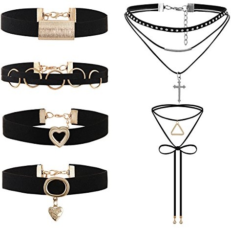 JewelryWe Schmuck 5 Stück Damen Choker Halskette, schwarz gotische Seil Goldrohr Velvet Spitze Choker Tattoo Punk Gothic Länge einstellbare Bogen Knoten Halsband