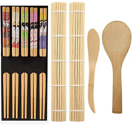 ZFYQ Sushi Set, 9-teilig, Sushi Maker Enthält 2 Rollmatten, 5 Paar Essstäbchen, 1 Reisstreuer, 1 Paddel