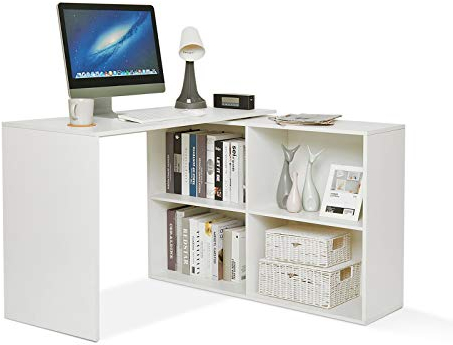 Mondeer Eckschreibtisch, Computertisch L-Förmig mit 4 Ablagen Großer Umkehrbarer Winkel Links/Richtig 106 x 106 x 74,5cm fürs Arbeitszimmer Wohnzimmer Büro, Weiß