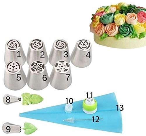 Lot de 13 pièces d'équipement de décoration de gâteaux - Kit de décoration de glaçage russe + poches à pâtisserie en silicone - Douilles en acier inoxydable - Pour pâtisserie, cupcakes
