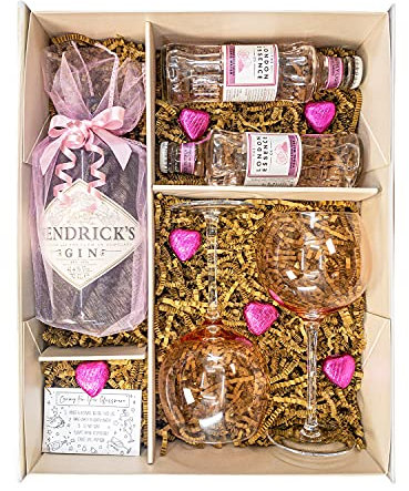 Hendricks 70cl Gin Gift Set Hamper with 2 Tx onic Waters, Balloon Gin Glasses, Belgian Heart Chocolates and Gift Box - Gift For Men and Women, Gin Lovers, Congratulations or Thank you Gift (Pink)