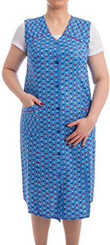 Tobeni Damen Kittelschürze Knopf-Kittel lang in 100% Baumwolle ohne Arm mit Taschen Farbe Design 11 Grösse 50