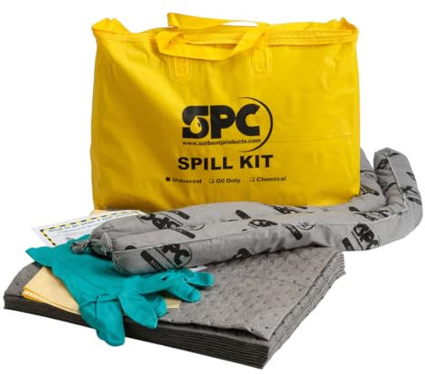 SPC® by Brady Kit Anti-Pollution Universel – Kit Absorbant pour Huiles, Eau, Solvants et Liquides de Refroidissement, Inclus 10 Feuilles Absorbantes, 2 Boudins, Gants et Sac de Déchet - Spill Kit