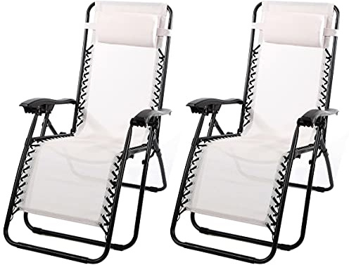 The Secret Home - Set de 2 Tumbonas Gravedad Cero con Reposabrazos Plegables - Hamaca Multiposiciones de Metal con Cojín Reposacabezas Ajustable - Ideal para Playa, Jardín, Terraza (Blanco Roto)
