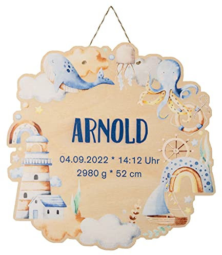 Geburtstafel 'Maritim' aus Birkenholz mit Namen und Geburtsdaten bedruckt. Individuelles Geschenk zur Geburt aus Holz.