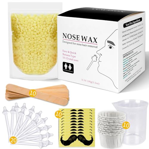 Nose Wax Kit for Men and Women, Nose Hair Removal Wax with 100g Nasal Hair Wax 20 Safe Tip Applicator, 10 wooden Applicators,10 Containers and 10Moustache Stencils As a Christmas Gifts