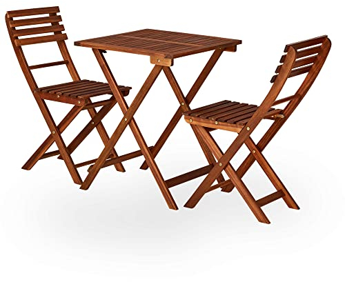KHG Garten-Set aus Akazien-Echtholz, Gartentisch und 2 Stühle mit hoher Rückenlehne, Balkon-Set, klappbar, platzsparend, Outdoor, Dunkelbraun - 3er Set