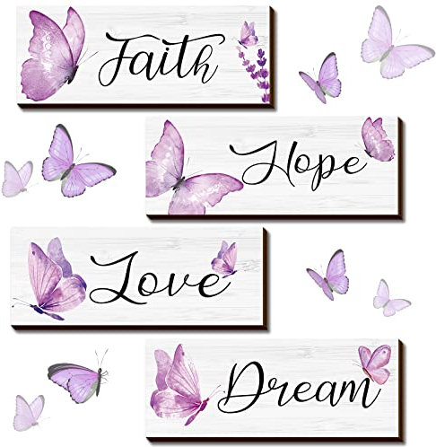 4 Pieces Faith Hope Love Dream Wall Decor Elegant Spring Butterfly Wooden Hanging Decoration Art Butterfly Room Wall Rustic Living Room Accessories for Girls Bedroom Decor (Purple, 10 x 4 x 0.2 Inch)