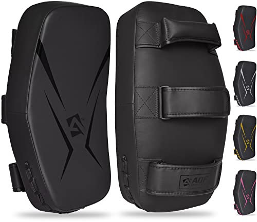 AQF Thai Pads für Kickboxen Muay Thai Pad mit festem Griff, Maya Leder Gebogene Strike Schild für Boxen MMA Kampfsport Taekwondo, Training Sport (Paar, Schwarz)