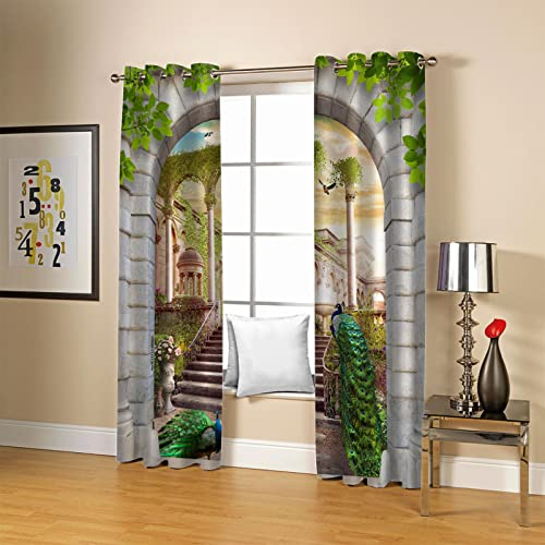 HOUKAI Vorhänge Schlafzimmer 2 Stücke 3D Pfau Gartenhaus Breite Vorhänge Mit Ösen Für Wohnzimmer, 234x230Cm Fenster Vorhang Verdunkelungsvorhang, Gardinen Blickdicht, Verdunklungsvorhänge