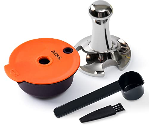 Reusable Tas simo Coffee Pods Refillable Coffee Discs for Bosch Coffee Maker, BENFUCHEN Tas simo Refillable Coffee Pod with A Stainless Steel Hand Tamper Coffee Filling Tool 51mm, Orange 200ML