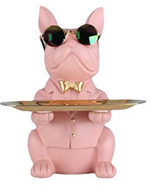 XYQXYQ Statua multifunzionale di bulldog, vassoio decorativo in resina per cani maggiordomo, serbatoio creativo e carino per cani, collana portachiavi applicabile (rosa)