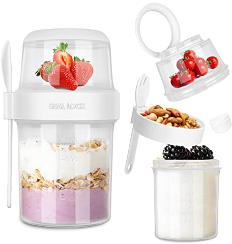 FANTESI On The Go Cereal Yogurt Pot with Lids and Spoon, 560ml Overnight Oats Jar Take and Go Breakfast Oatmeal Container Jar with 310ml Topping Cereal Cup for Travel