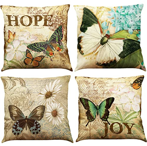 BINXWA 4 Stück Kissenbezug 45x45 - Schmetterling Deko Kissenbezug Baumwolle Leinen Kissenhülle für Sofa und Outdoor/Garten Deko