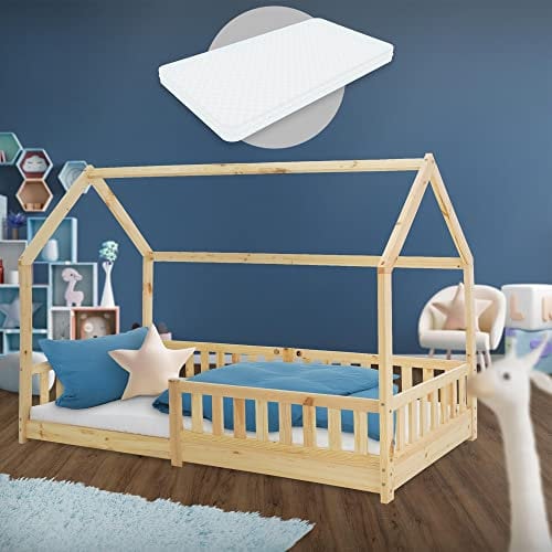 ML-Design Kinderbett 90x200 cm Natur mit Matratze H:16 cm, Rausfallschutz, Dach, Lattenrost, Kiefernholz, Hausbett für Mädchen und Jungen, Spielbett Bodenbett Bettenhaus Jugendbett Kinderhaus Holzbett