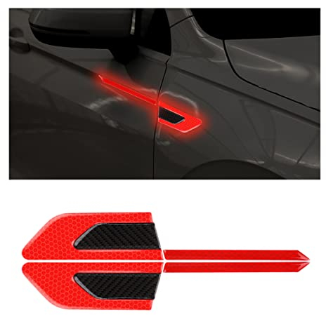 JNNJ 2PCS Kohlefaser Auto Reflektierende Aufkleber, 3D Hohe Intensität Nachtsicht Aufkleber, Reflektierende Auto-Kotflügel-Streifen, Sicherheitswarnung für Auto(Rot)